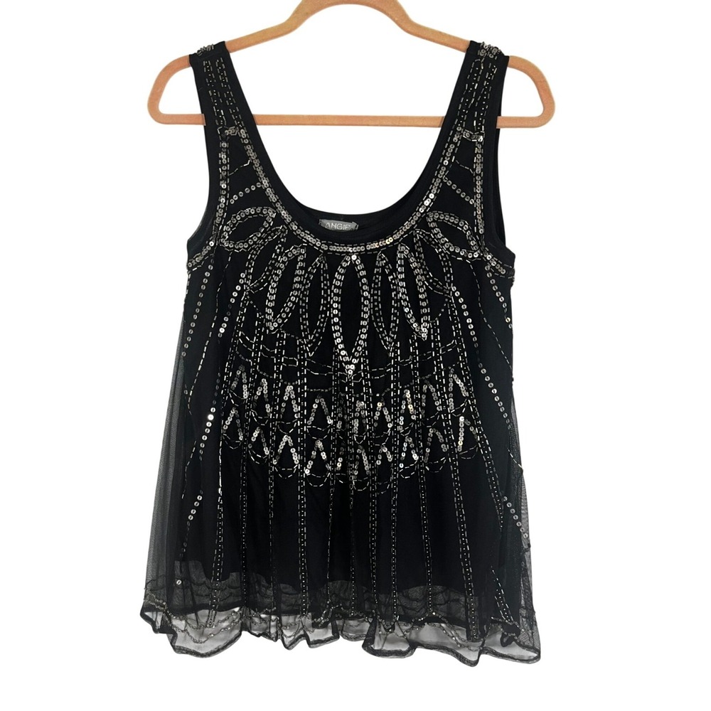 Sequin Beaded Mesh Sheer Top Black XS Art Deco Flapper Shiny Shimmer Glam Chic